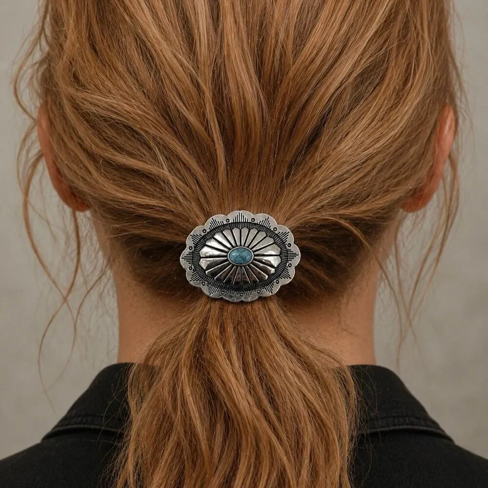 Western Cowgirl Concho Hair Tie, Silver Tone & Faux Turquoise